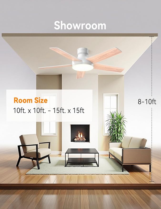 AKOFUN Ceiling Fans with Lights and Remote, Low Profile Ceiling Fan with Light, 6 Speed, Dimmable, DC Motor, Quiet, Timer, Modern LED Ceiling Fan for Bedroom Living Room 44 inch, White