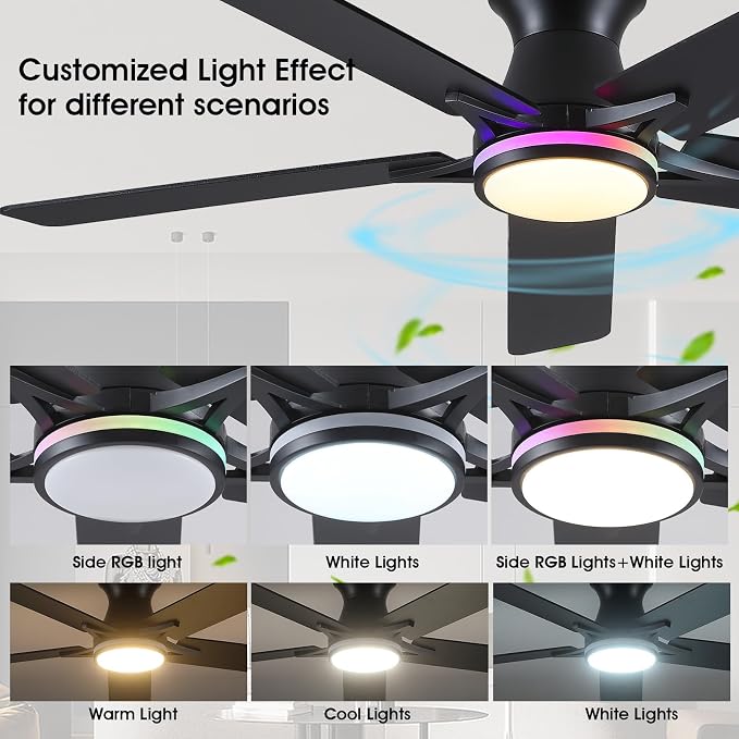 52"Black Modern Low Profile RGB Ceiling Fans with Lights and Remote/APP | 14 RGB Modes,Supports Remote and APP,6 Wind Speeds, Reversible, Dimmable 3 CCT LED, 30W DC Motor,Suits for Bedroom Kidsroom