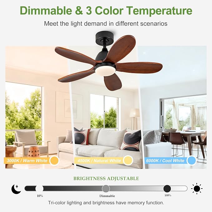 36 Inch Solid Wood Ceiling Fans With Lights, Remote Control, Dimmable, Reversible, Wood Blades, Power-Off Memory, Quiet DC Motor, Indoor/Oudoor Ceiling Fan with Light for Patio