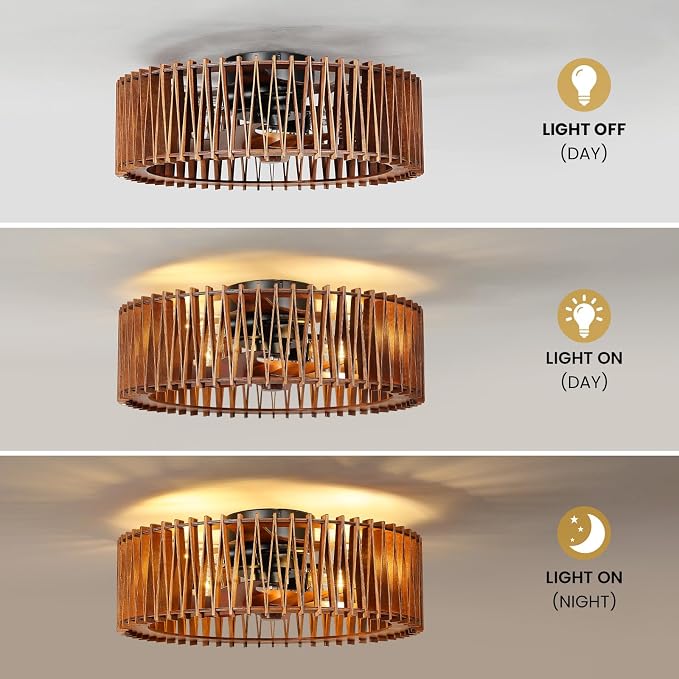 20" Flush Mount Caged Ceiling Fan with Light, Farmhouse Low Profile Ceiling Fan with Remote, Wooden Fandelier 6 Speed Quiet DC Motor, Reversible Chandelier Ceiling Fan for Bedroom Kitchen Living Room
