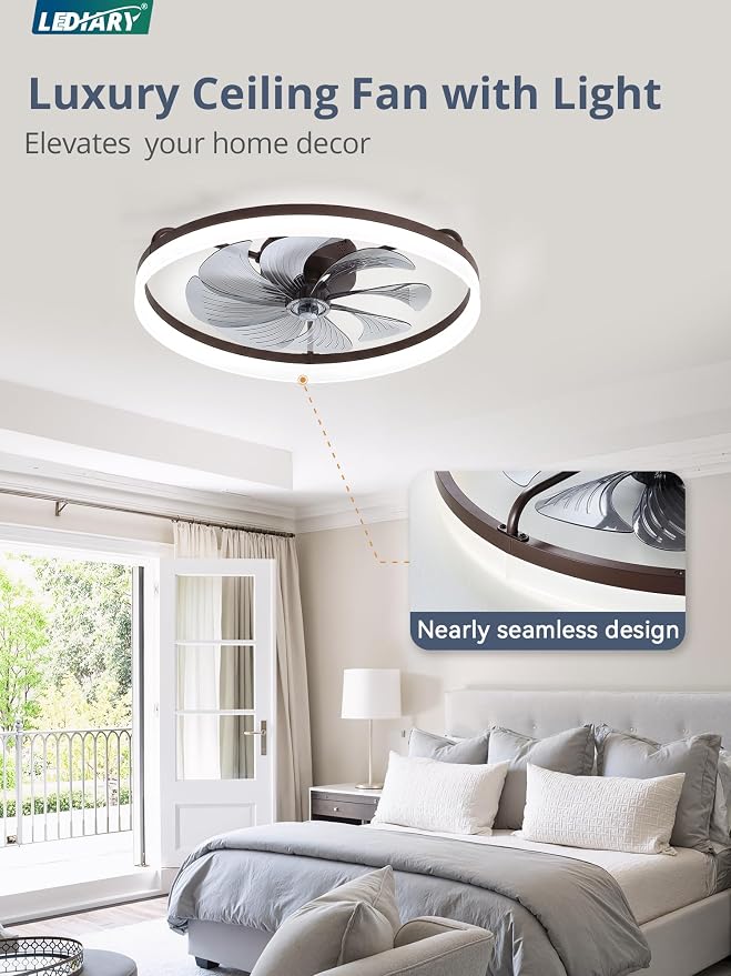 LEDIARY Ceiling Fans with Lights, 23 inch Low Profile Flush Mount Ceiling Fan, Dimmable LED, APP & Remote Control, Quiet Reversible DC Motor, 6 Speeds, Fandelier for Bedroom, Brown