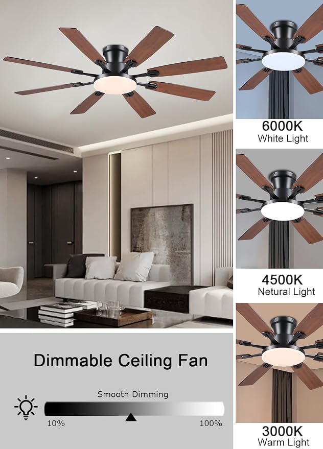 JSAITEE 60Inch Ceiling Fan with Lights, Large Low Profile Flush Mount,Brown | Ceiling Fans,DC Reversible Motor Noiseless, 3CCT Dimmable, Dual Finish, 6 Speeds Ceiling Fan for Indoor/Outdoor