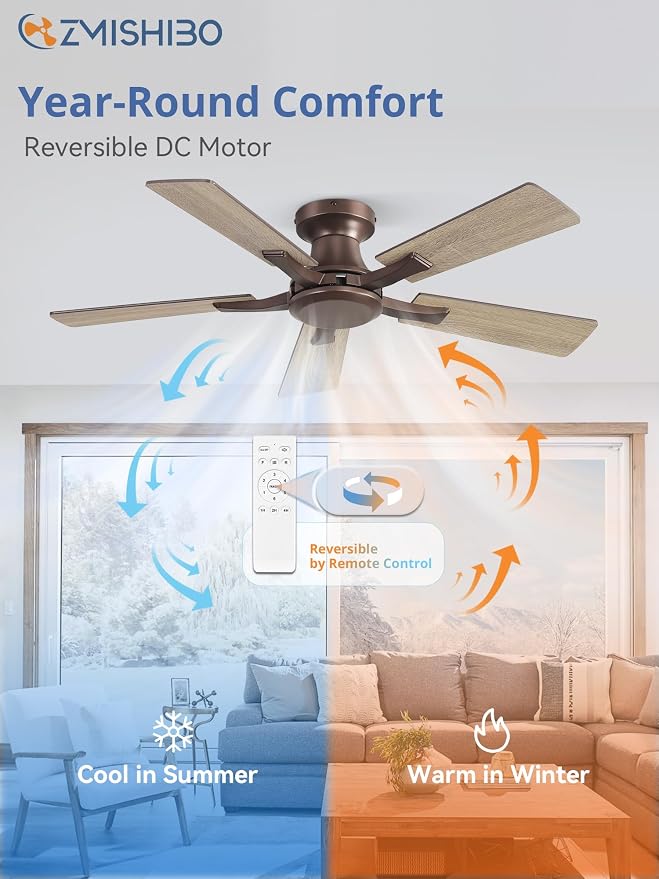 ZMISHIBO 42 Inch Ceiling Fan No Light, Flush Mount Low Profile, Farmhouse Brown Ceiling Fan Without Light, Remote Control & Quiet DC Motor, for Indoor&Outdoor, Bedroom, Living Room