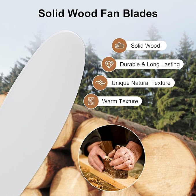 52 Inch White Ceiling Fan with Light and Remote & APP Control, 3 Wooden Blades, 6 Wind Speeds, Quiet DC Motor, Indoor Low Profile Ceiling Fan for Bedroom Living Room Farmhouse Patio