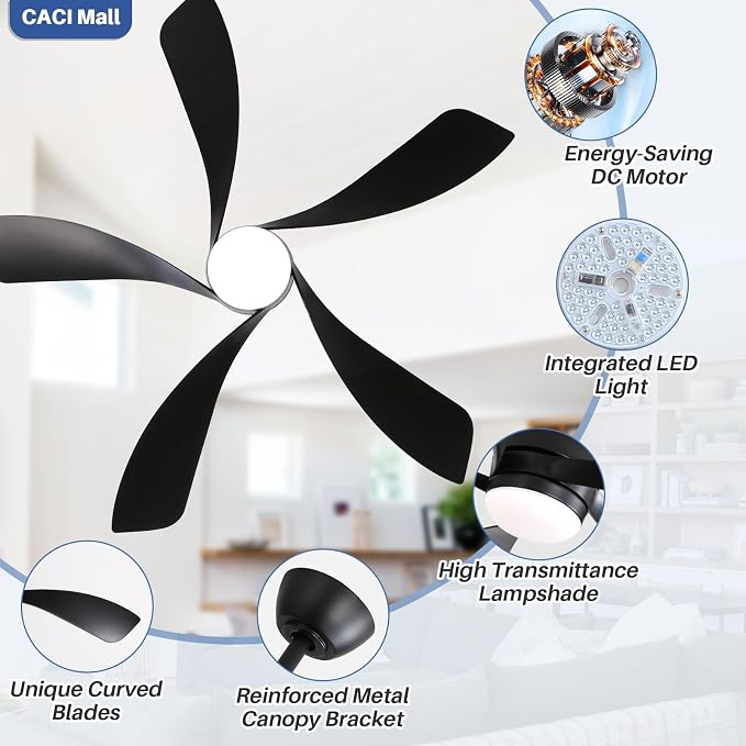 CACI Mall 52 inch Black Ceiling Fans with Lights, Remote Control, Modern, Low Profile, Outdoor Ceiling Fan with 5 Blades, Quiet Reversible DC Motor for Living Room, Bedroom, Patios