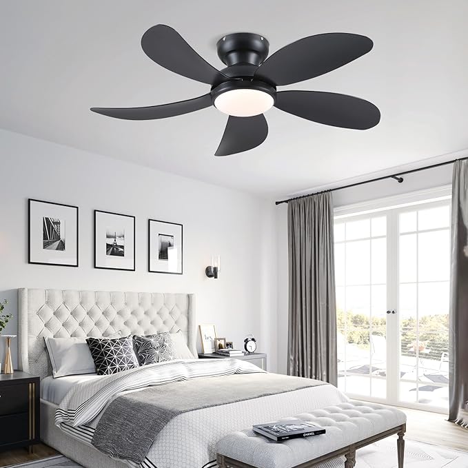 PHORUS 42"Black Low Profile Flush Mount Ceiling Fans with Lights and Remote | Super Large Airflow with 6 Wind Speeds, Reversible, Dimmable 3 CCT LED, 30W Noiseless DC Motor,Timer, for Bedroom Kitchen