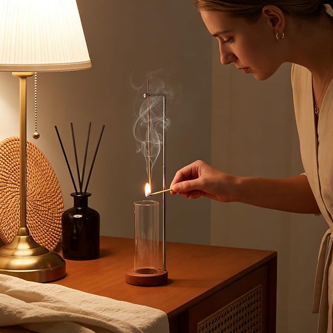 EMETE Incense Holder with Glass Ash Catcher, Retractable Wooden Incense Burner Fits Short, Long & Extra-Long Incense Sticks, Mess-Free Ash Catcher for Meditation Yoga Decor