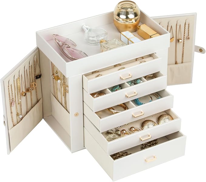 BOOVO Large Jewelry Boxes For Women (Pearl White, 6 Layer) | 6 Layers Jewelry Organizer Box With Cosmetic Storage Drawer, Necklace Ring Jewelry Organizer Box