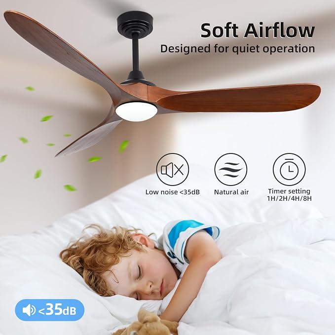 60” Outdoor Ceiling Fan with Light 3 Downrods, Smart Wood Ceiling Fan Compatible with Alexa/Google/App, 3 Blades Modern Walnut Wood Ceiling Fans for Kitchen Living Room Patio