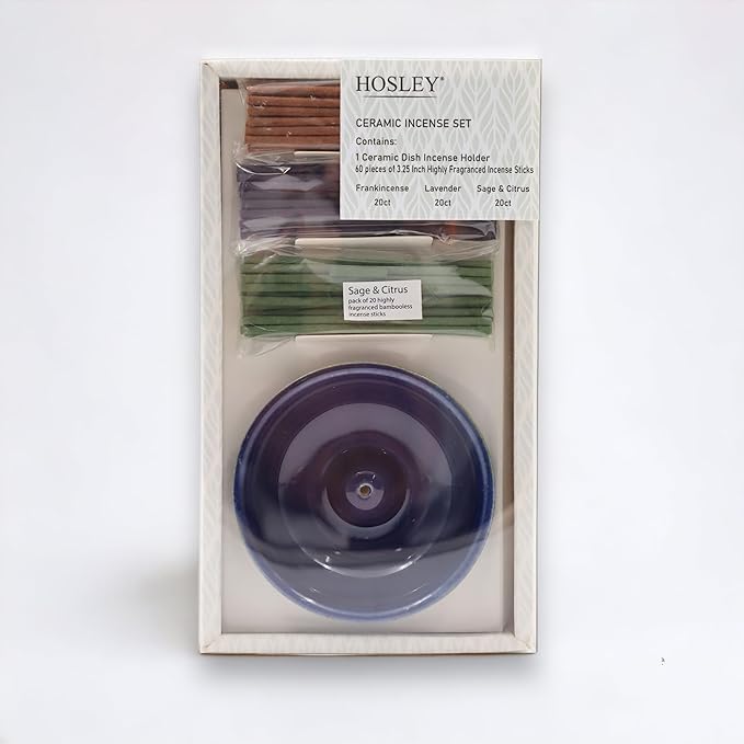 Hosley Incense Sticks Gift Set with 60 Incense Sticks and Ceramic Incense Holder - Ideal Incense Burner Holder for Home, Meditation, Spa, and Aromatherapy - Premium Incent Holder