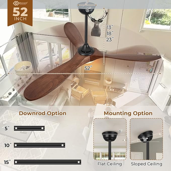 52" Ceiling Fans with Lights and Remote Control, Outdoor Ceiling Fan with Lights High CFM Quiet 3 Blade Wood Walnut Fan, Propeller Ceiling Fan for Outdoor/Indoor,Dark Walnut
