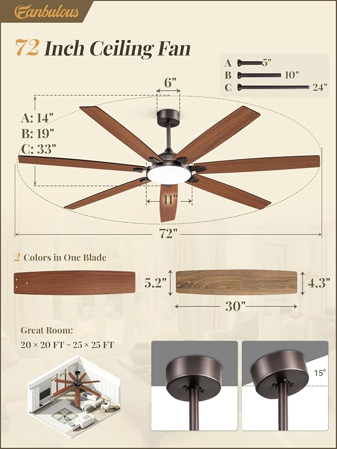 Fanbulous 72 Inch Large Ceiling Fans with Lights,Oil Bronze Modern Ceiling Fan with Quiet DC Motor, 3CCT, Indoor/Outdoor Ceiling Fan with Dual Finish Reversible 7 Blades, Timer for Living Room, Patio