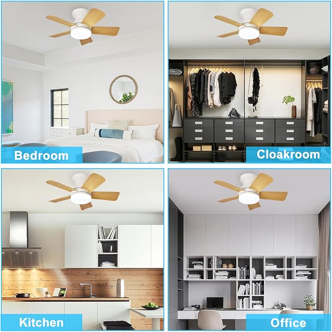 Depuley Modern Ceiling Fan with Light: 25-Inch White Small Fans for Bedroom Indoor Outdoor - Dimmable Low Profile Ceiling Fans with Remote Control Flush Mount 5 Reversible Wood Blades 6 Speeds Timer