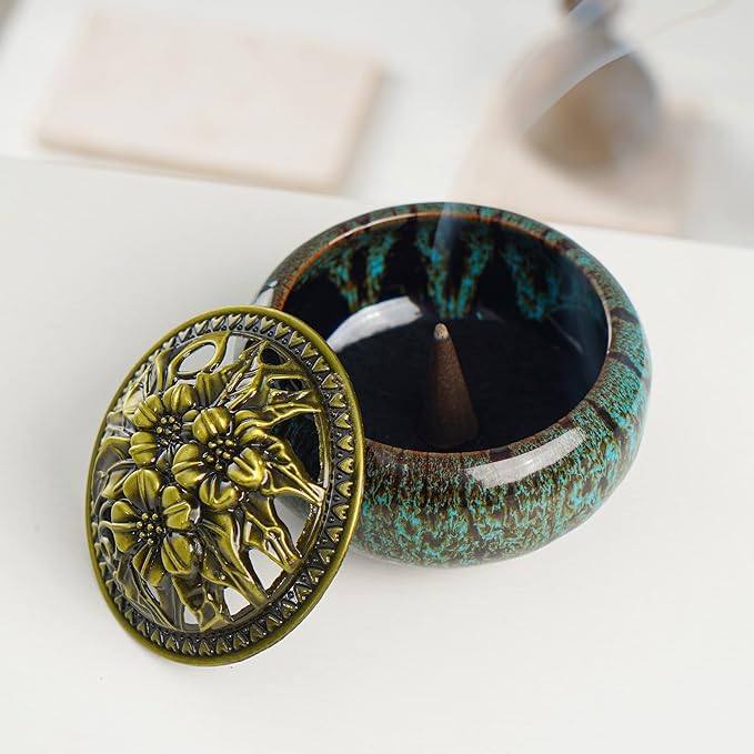 Incense Burner with Calabash Incense Stick Holder - Porcelain Charcoal Censer for Use with Resin Granular Powder Cone or Coil Incense (Kiln-Colored Blue)