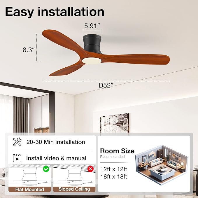 Hoenofly 52” Smart Wood Flush Mount Ceiling Fans with Lights Remote,Quiet DC Motor,Outdoor Indoor Low Profile Ceiling Fan,Voice Contorl with WIFI Alexa App Control,Modern fan for Bedroom Patio