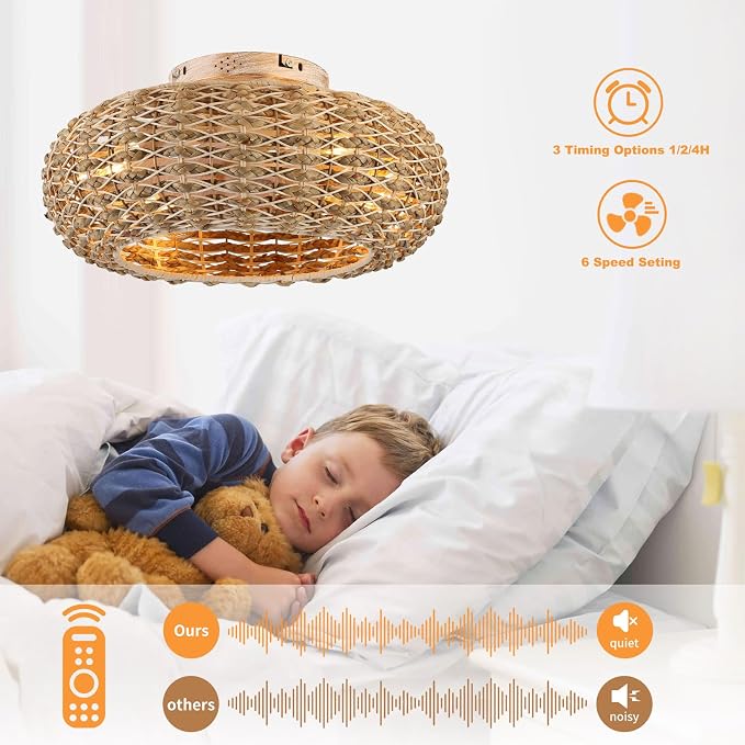Boho Caged Ceiling Fans with Lights Flush Mount,Low Profile Ceiling Fan with Remote and APP,20 Inch Rattan Fan for Bedroom,6 Speeds Reversible Silent Fandalier (4 LED Bulb Include)…