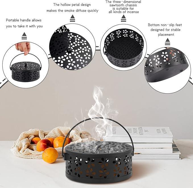 Portable Iron Mosquito Coil Holder with Handle Round Heat-Resistant Incense Holder for Home Office Camping (Black)