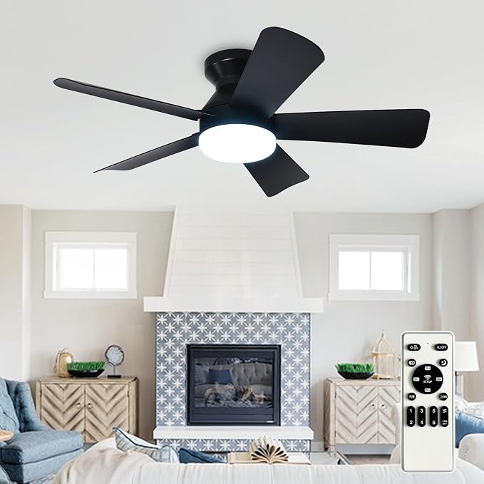 Depuley Modern Ceiling Fan with Light: 35-Inch Black Small Fans for Bedroom Indoor Outdoor - Dimmable Low Profile Ceiling Fans with Remote Control Flush Mount 5 Reversible Black Blades 6 Speeds Timer
