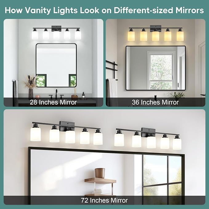 Ascher Bathroom Light Fixtures, 5-Light Vanity Light Over Mirror, Matte Black Wall Sconces with Milky White Frosted Glass Shades, Wall Lamp for Living Room Bedroom, E26 Base(Bulbs Not Included)