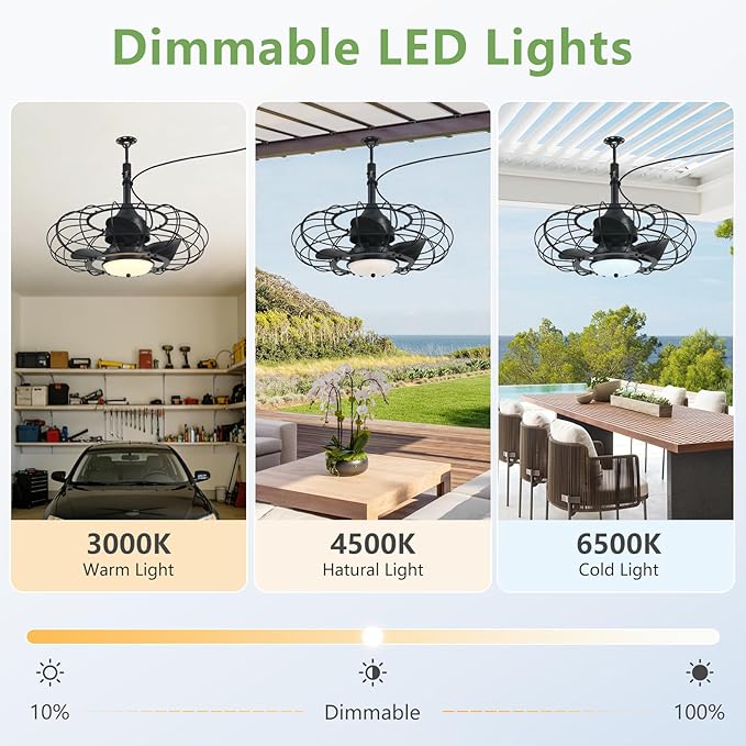 AHAWILL 20" Black Outdoor Ceiling Fan with Light and Remote/APP,3CCT 6 Speed Gazebo Fan Outdoor Hanging Hook,IP65 Waterproof Plug in Ceiling Fan for Patios, Garage, Porch, Pergola,Canopy