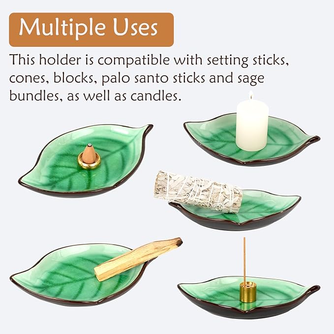 Incense Holder for Sticks (9 Holes) and Cones, Handmade Ceramic Incense Ash Catcher for Meditation, Yoga, SPA Days, Relaxing, Home Decor, Candle Holder, Easy to Clean, Leaf-Shape (Green)