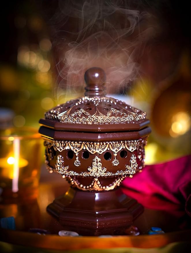 AM Lux Octagon Incense Burner – Bakhoor & Cone Holder | Charcoal Resin Burner for Frankincense, Myrrh & Aromatherapy | Decorative Mabkhara for Home, Office & Meditation Room Decor (Octagon Brown)
