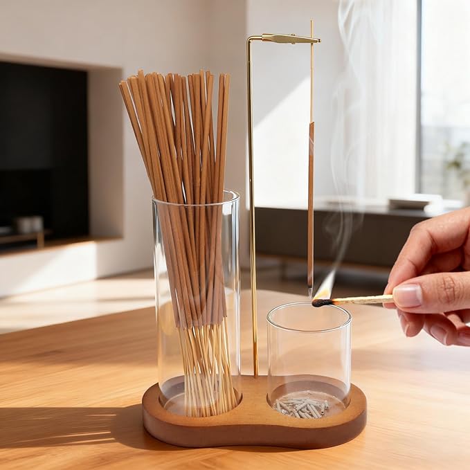 2-in-1 Incense Holder for Sticks, Incense Burner Holder with Glass Ash Catcher & Stick Storage, Bedroom House Yoga Meditation Zen Decor, Spa Gifts for Women, Unique Cozy Home Decor, Natural Wood