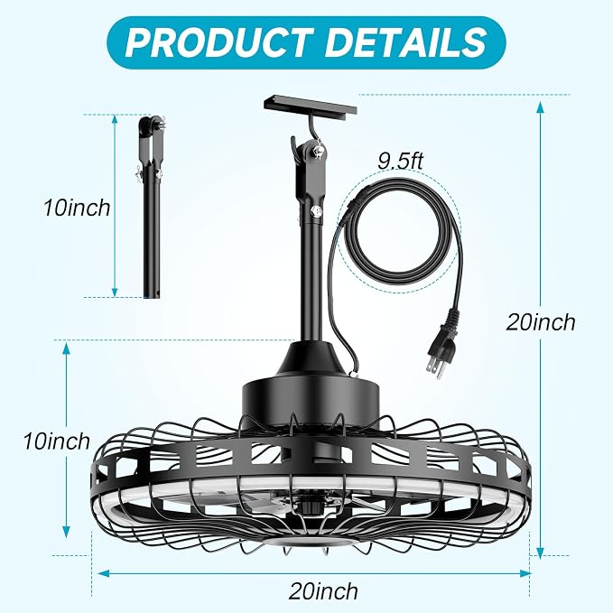 20" IP65 Waterproof Outdoor Ceiling Fan with Light, Plug-in Caged Design, 3CCT Dimmable & 6-Speed Adjustment for Patio Porch Pergola
