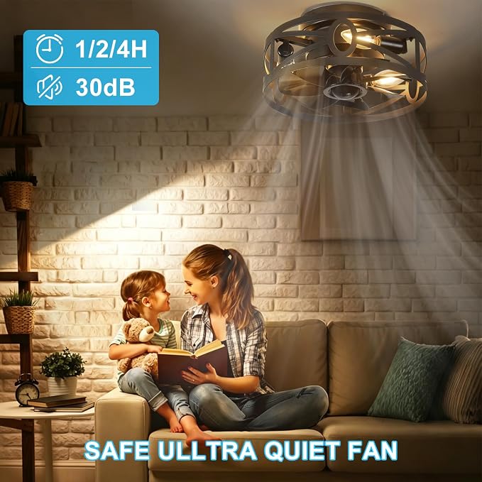 Depuley Flush Mount Ceiling Fan: 12" Caged Ceiling Fans with Remote Control for Patio Kitchen Bedroom - Low Profile Fandelier Lights Fixture Reversible 6 Speed Timer Black 3*E12 Bulb Not Included