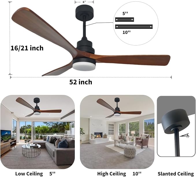 52-inch Ceiling Fan with Light, Remote Control, DC Silent Motor, 3 Solid Wood Blades, LED dimmable and Color-Adjustable, Suitable for Living Rooms, Dining Rooms and bedrooms.(Dark Walnut, 52 inch)