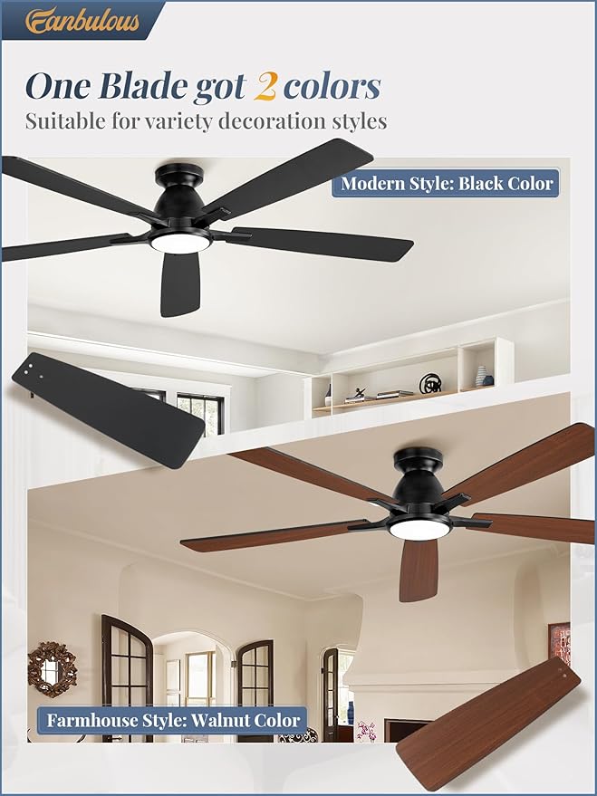 Fanbulous 60 inch Ceiling Fans with Lights, Smart Flush Mount Ceiling Fan and Remote APP, Modern Low Profile, 3CCT 20W LED with 6-Speeds Quiet Reversible Motor for Bedroom, Living Room, Kitchen, Black