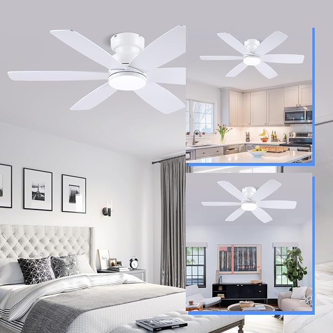 Kviflon 46 inch Ceiling Fans with Lights and Remote/APP Control, Low Profile Ceiling Fan with Light, Flush Mount, 3CCT, 6 Reversible Blades 6 Speeds Modern Ceiling Fan for Bedroom Living Room, White