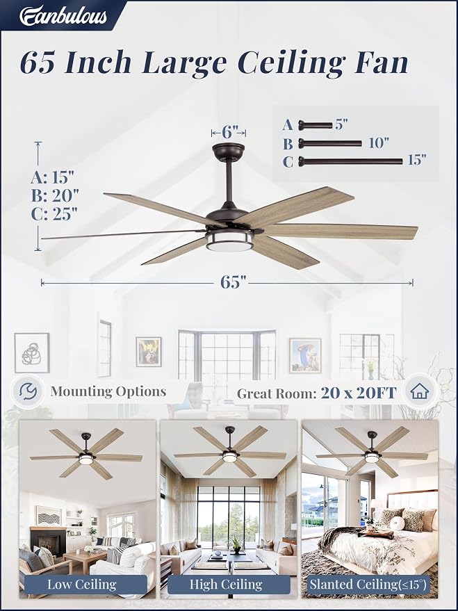 Fanbulous 65 Inch Ceiling Fans with Lights, Farmhouse Large Ceiling Fans with Remote, Oil Bronze Modern Ceiling Fan with LED Light, Quiet DC Motor for Living Room, Bedroom, Kitchen, Indoor