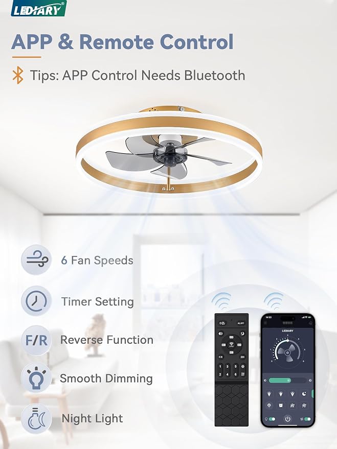 LEDIARY Low Profile Ceiling Fans with Lights, Flush Mount Modern Ceiling Fan and Remote Control, 19.7" LED Ceiling Fans, Stepless Dimmable 3 Colors and 6 Speeds - Gold