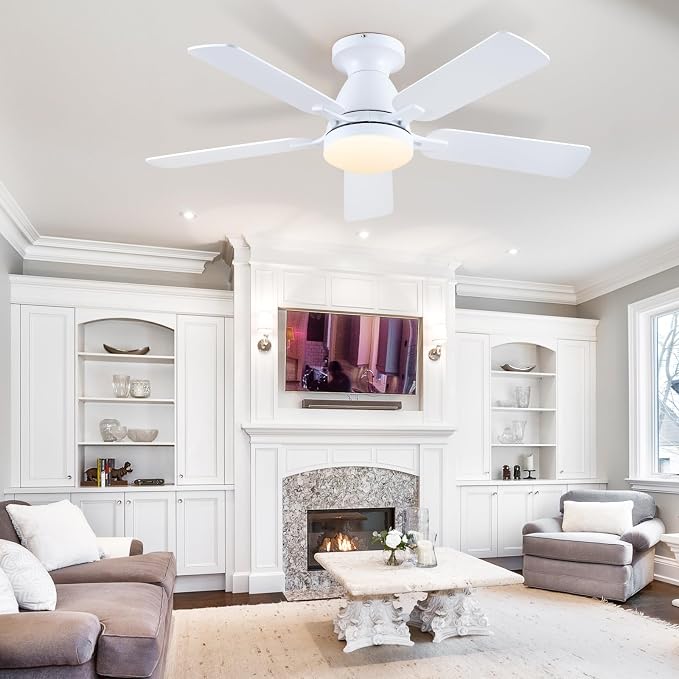 Mpayel 46 Inch Ceiling Fans with Lights and Remote, White Ceiling Fan with Light Flush Mount, Low Noise, Reversible, Dimmable, Modern Low Profile Ceiling Fan with Light for Bedroom Indoor Outdoor