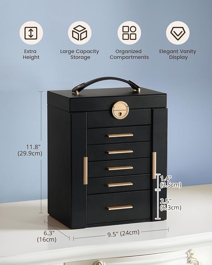 Lolalet Large Jewelry Box Organizer for Women, 6-Layer Jewelry Organizers and Storage Case with Mirror & 5 Drawers, Lockable Watch Ring Earring Bracelet Necklace Holder Girls Gift -6Layer, Black