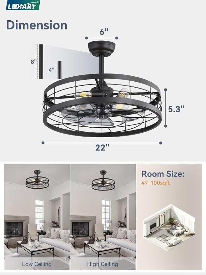 LEDIARY 22 inch Black Caged Ceiling Fan with Light, Bladeless Industrial Ceiling Fan with Remote, Farmhouse Fan Lights Ceiling Fixtures for Kitchen, Bedroom, Outdoor（6 Speed, Timing）-Black