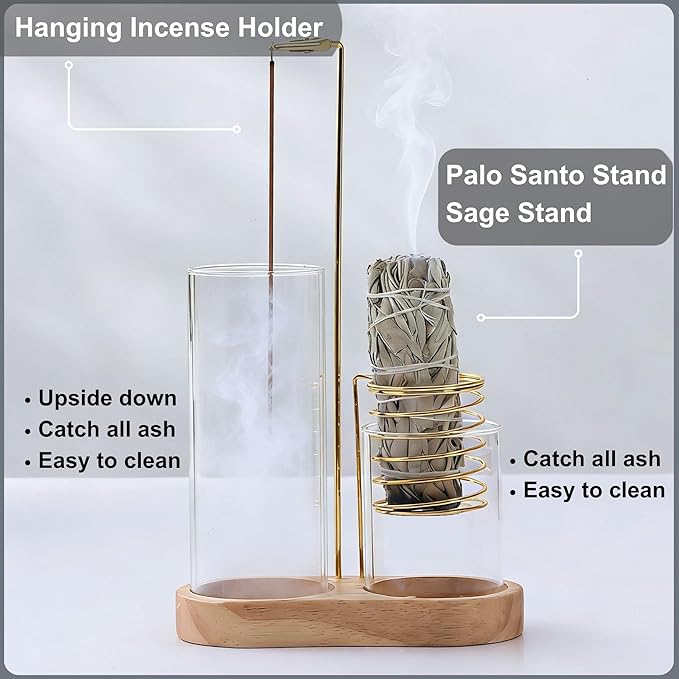 3 in 1 Incense Holder for Burning Insence-Stick & Palo Santo & Sage Sticks, Hanging Upside Down Incense Stick Burner with Glass Ash Catcher & Storage, Upside Down Palo Santo Sage Burner