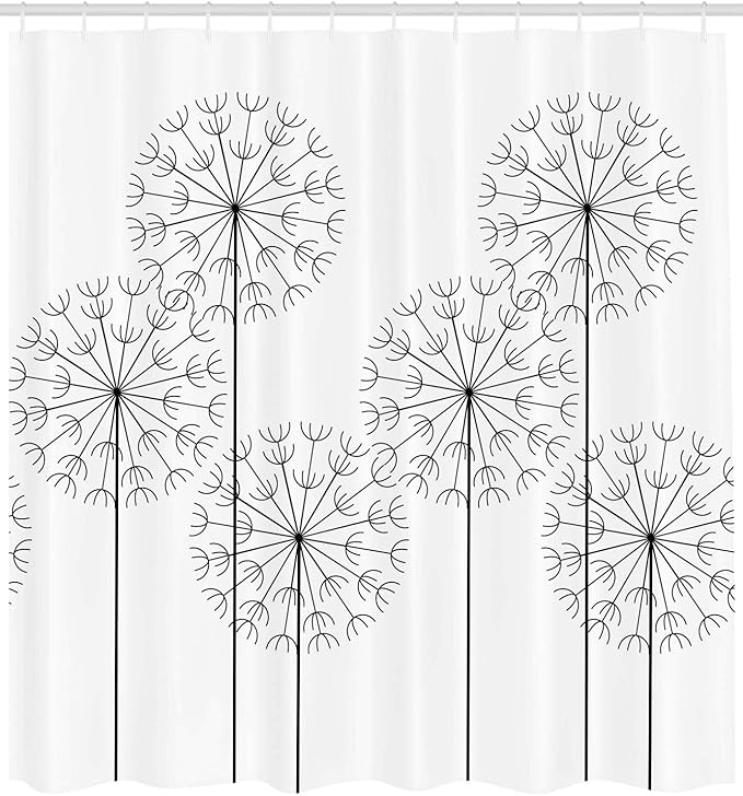 Ambesonne Floral Shower Curtain, Modern Hand Drawn Digital Flower Dandelions Botanic Plants Nature Art Print, Cloth Fabric Bathroom Decor Set with Hooks, 69" W x 75" L, White Charcoal Grey