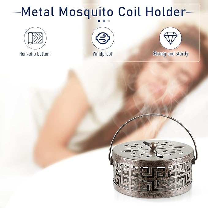 Exquisite Metal Mosquito Coil Holder Long-Lasting Coil Incense Burner for Indoor and Outdoor (Bronze)