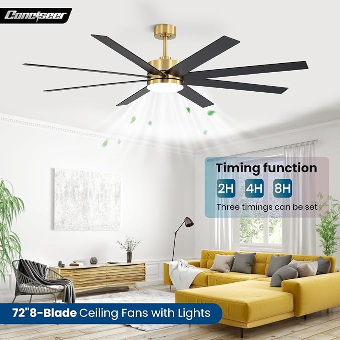 72 Inch Ceiling Fans with Lights and Remote, Dual Color 8 Blades, Living Room Office Library Cafe Indoor Outdoor Industrial, 3CCT Dimmable, 6 Speed Reversible Quiet DC Motor, Gold/Wood Grain