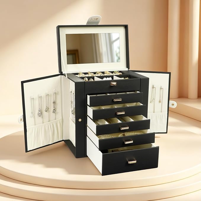 KAMIER Jewelry Box for Women, 6-Layer Large Jewelry Organizer Box with Mirror & 5 Drawers for Rings, Earrings, Necklaces, Bracelets,Black