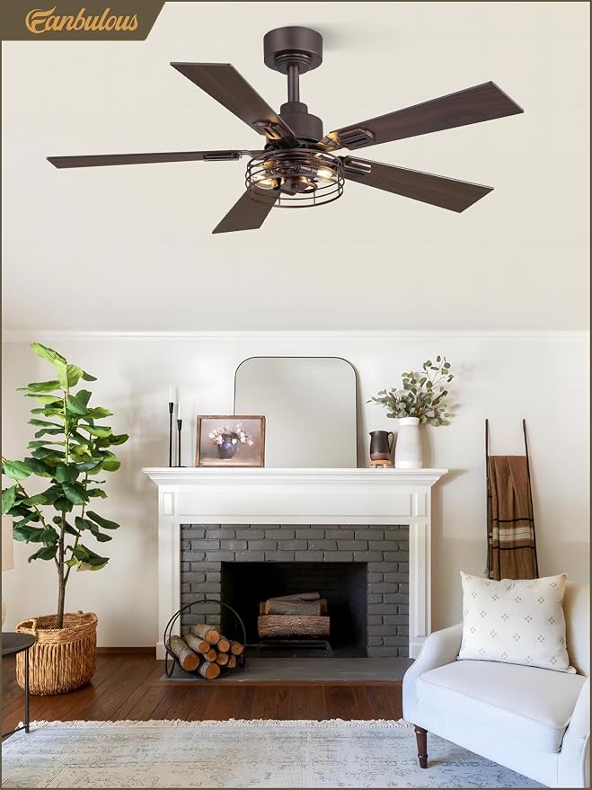 Fanbulous 1 Pack Farmhouse 42 Inch Ceiling Fans with Lights, Industrial Caged Ceiling Fans for Bedroom Living Room, Double-Sided 5 Blades Rustic Ceiling Fan-Oil Bronze