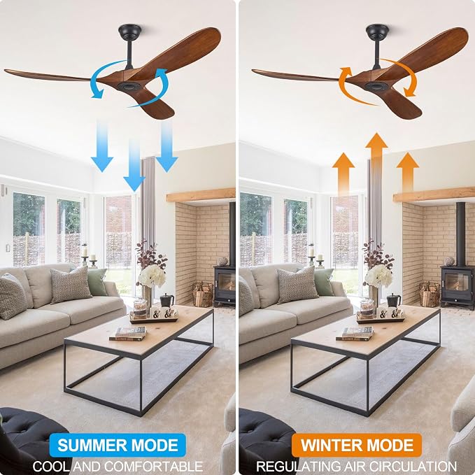 ABZ 60" Outdoor Ceiling Fans without Lights, 60 Inch Wood Ceiling Fans no Light, 3 Blade Propeller Outdoor Fan with Remote Control for Patios Living Room Bedroom Porch, High CFM ETL Listed