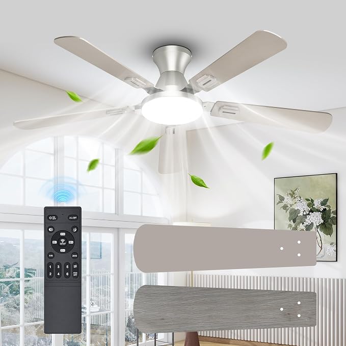 UME 52" Ceiling Fan with Lights & Remote, 6 Blades Low Profile Ceiling Fan, Quiet DC Motor, Natural Wind, 6 Speeds, 3CCT Dimmable 20W LED Modern Ceiling Fan for Bedroom, Living Room, Nickel