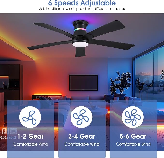 Surtime 52" Black Ceiling Fans with RGB Lights - Flush Mount Ceiling Fan Light with LED 3CCT Dimmable, Modern Low Profile Ceiling Fans for Indoor Party,Covered Outdoor