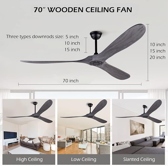 72 Inch Ceiling Fan No Light ，Wood Outdoor Ceiling Fans for Patios Living Room Gazebo Mid Century Modern Exterior Extra Large Ceiling Fan without Light with Downrod(Grey)