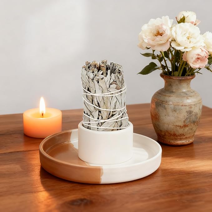 Sage Holder, White Sage Burner, Smudge Bowl, Palo Santo Holder, 3 in 1Incense Holder, Ceramic Sage Holder for Burning, Incensario White Sage Bundle Holder for Aromatic Accessories