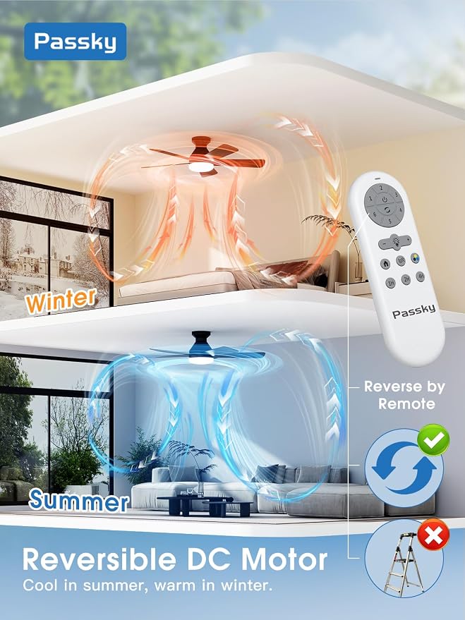 Passky Ceiling Fans with Lights, 42 Inch Smart Ceiling Fan with Remote/APP/Alexa Voice Control, Flush Mount, 3CCT, Reversible, Dimmable, Quiet, Small Sleek Ceiling Fan for Bedroom, Living Room, Black