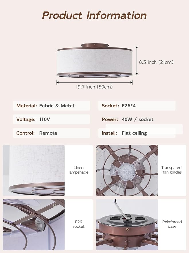 20" Brown Ceiling Fans with Lights, Boho Flush Mount Ceiling Fan with Light and Remote, Drum Fabric with 6 Speeds for Bedroom, Nursery, Living Room